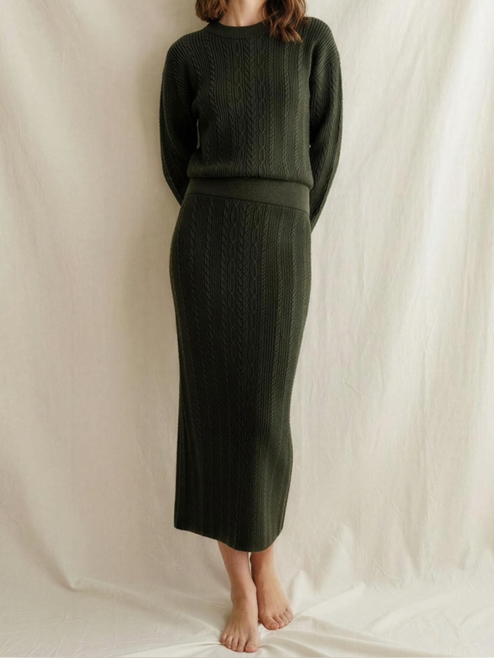 SÉZANE Marilou Merino Wool/Cotton Cable Knit Midi Skirt, Khaki, Large - Picture 2 of 13